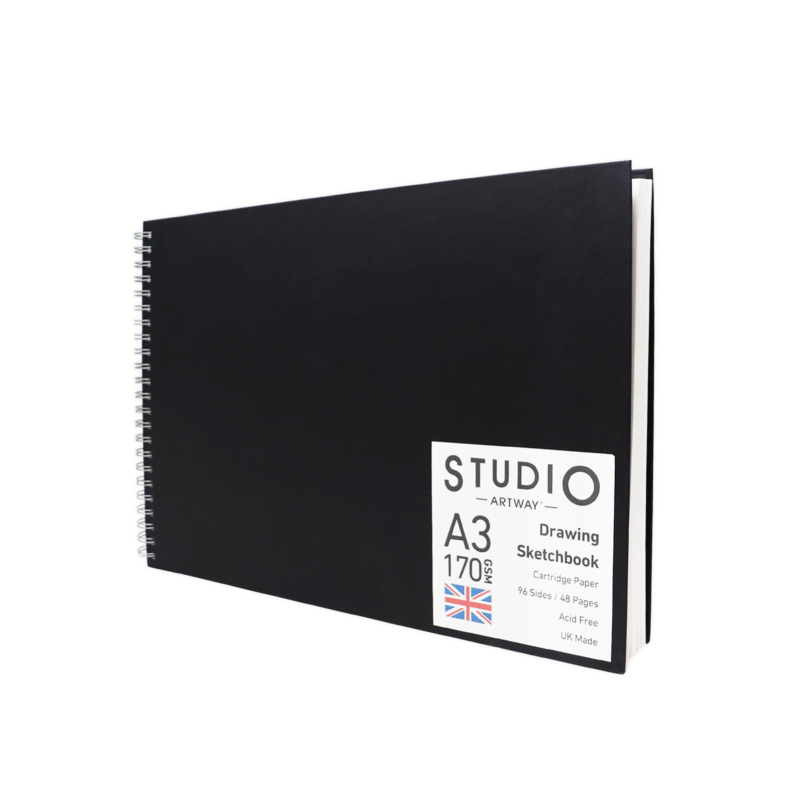 Artway Studio Sketchbook - A3 Landscape Spiral Bound | 170gsm Cartridge Paper | 48 Sheets | Black Hardback 2