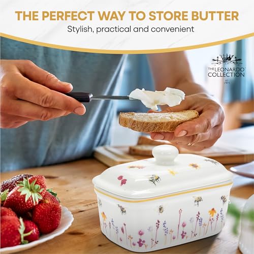 The Leonardo Collection Jennifer Rose Busy Bees Ceramic Butter Dish with Lid | 170x90x100mm | Dishwasher Safe 4