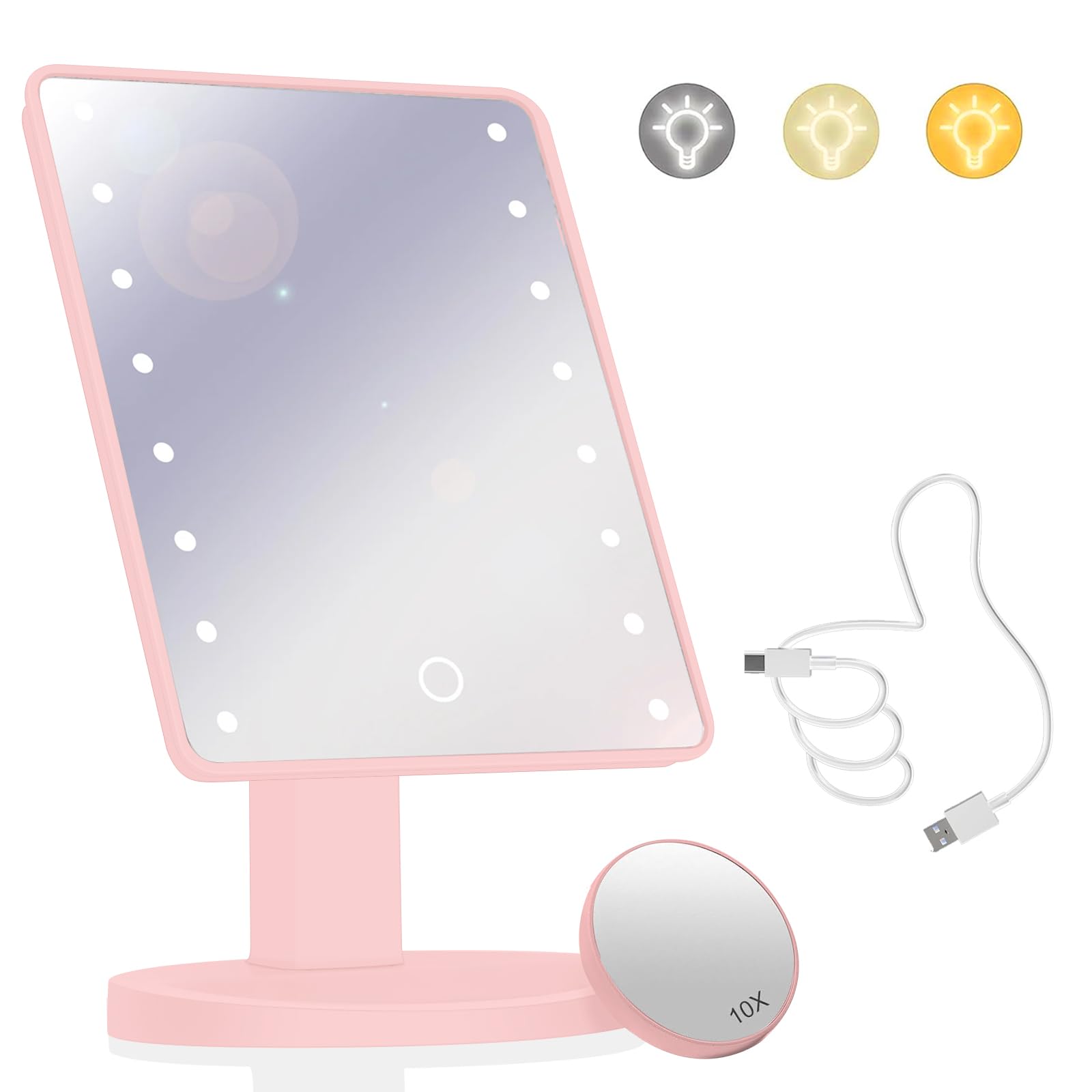 Woobroo Makeup Vanity Mirror with 22 LED Lights | 10X Detachable Magnification | Touch Sensor Dimming | Pink 1