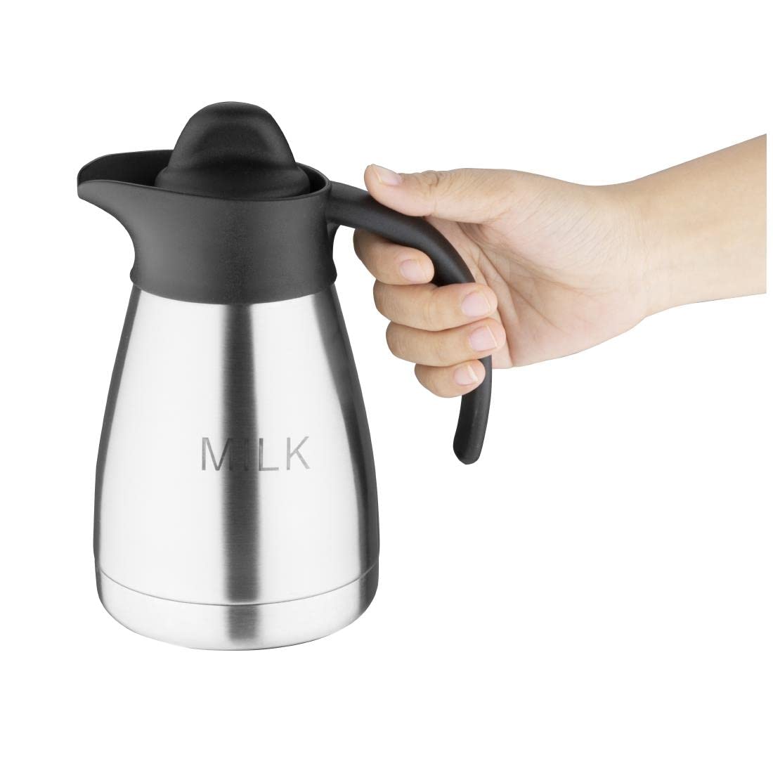 Olympia Etched Milk Vacuum Jug - 0.5L Capacity | Stainless Steel | Screw Top | Silver/Black