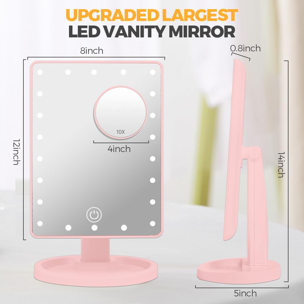 Woobroo Makeup Vanity Mirror with 22 LED Lights | 10X Detachable Magnification | Touch Sensor Dimming | Pink 7