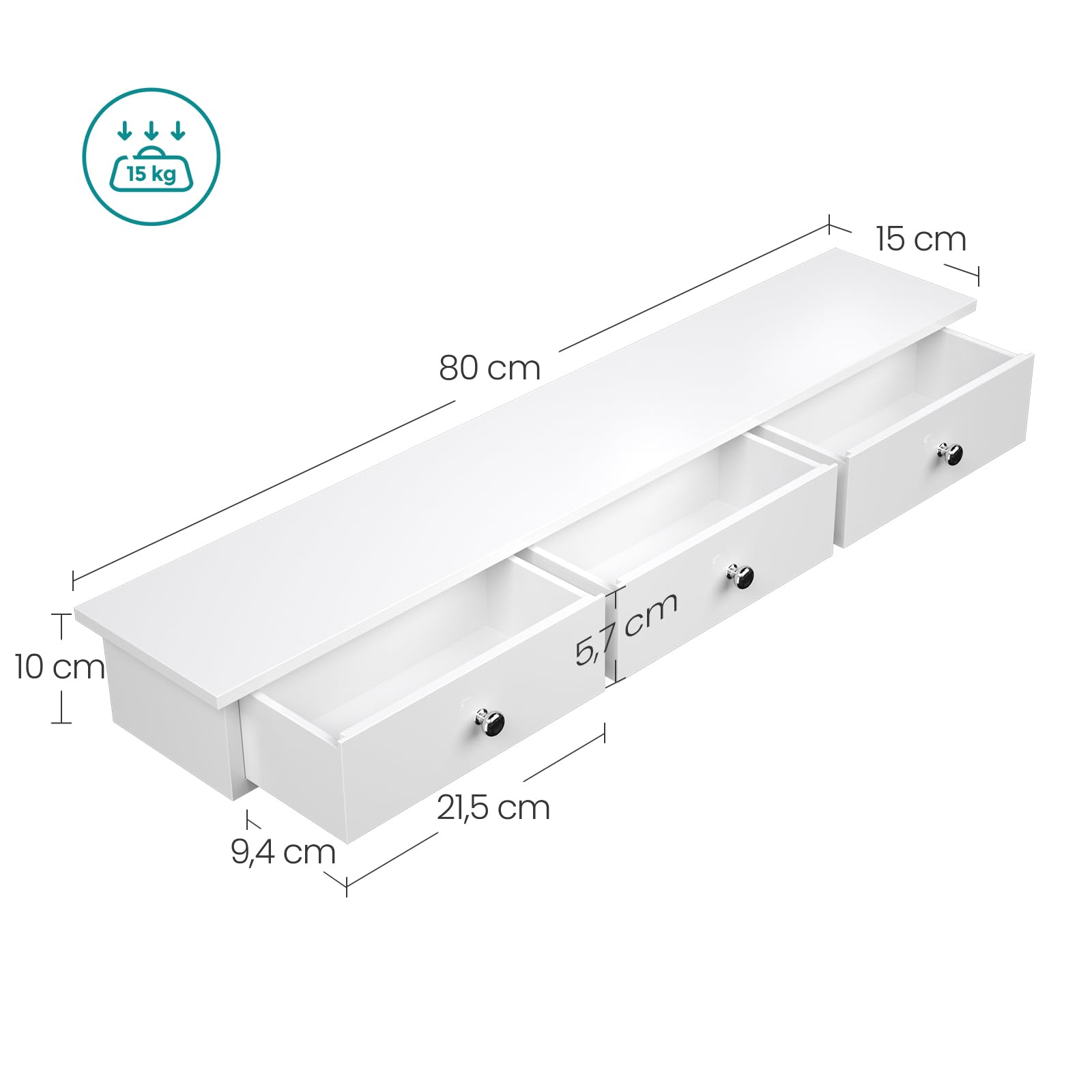 SONGMICS Floating Wall Shelf with 3 Drawers - White | 80 x 15 x 10 cm | Engineered Wood 3