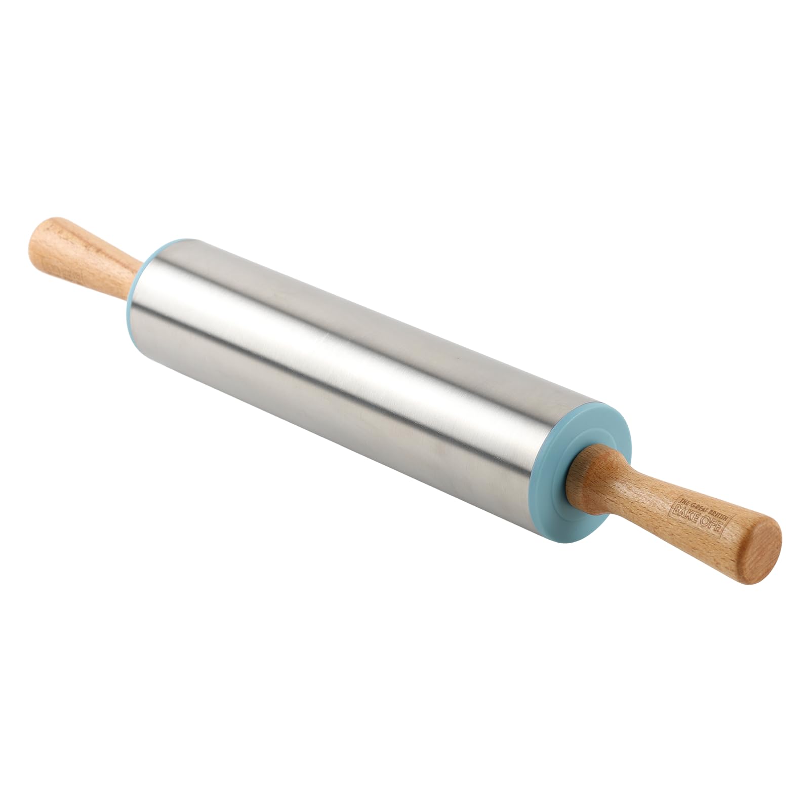 The Great British Bake Off Stainless Steel Rolling Pin with Beechwood Handles | Weighted Core | Duck Egg Blue Accents 1