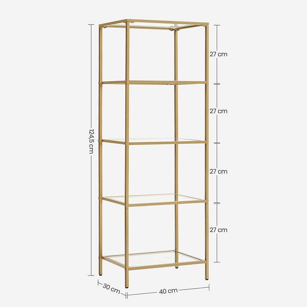 VASAGLE 5-Tier Glass Shelf Bookcase - Tempered Glass, Metallic Gold Frame | 40W x 124.5H cm 3