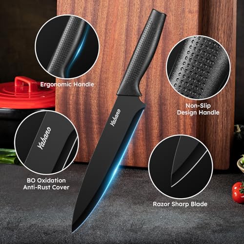 Yabano 7 Piece Kitchen Knife Set with Built-in Sharpener Block | Stainless Steel | Black 4