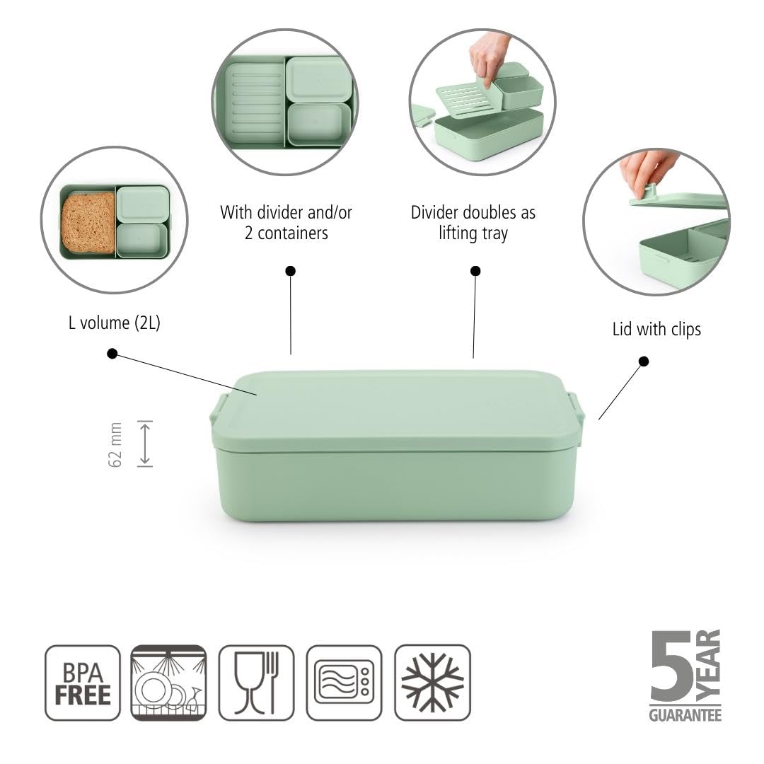 Brabantia Make & Take Lunch Box Bento - 2L Capacity, Jade Green | Microwave/Freezer Safe 2