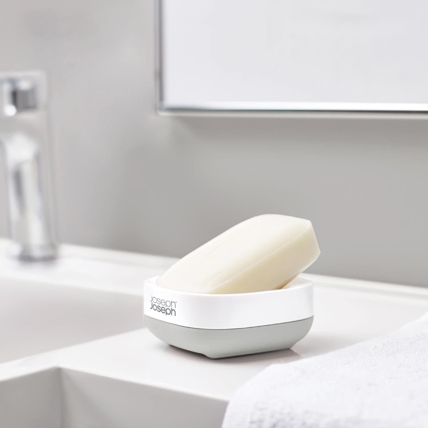 Joseph Joseph Slim Compact Soap Dish Holder - Space Saving Draining Design | White/Grey | Pack of 2 3