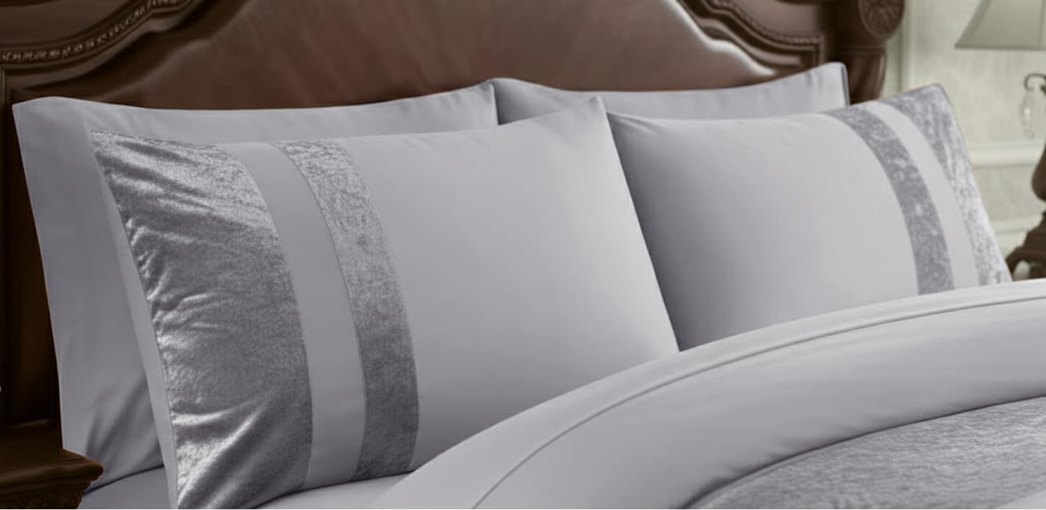 Casabella Luxury Crushed Velvet Panel Band Duvet Cover Set | King Size | Silver 3