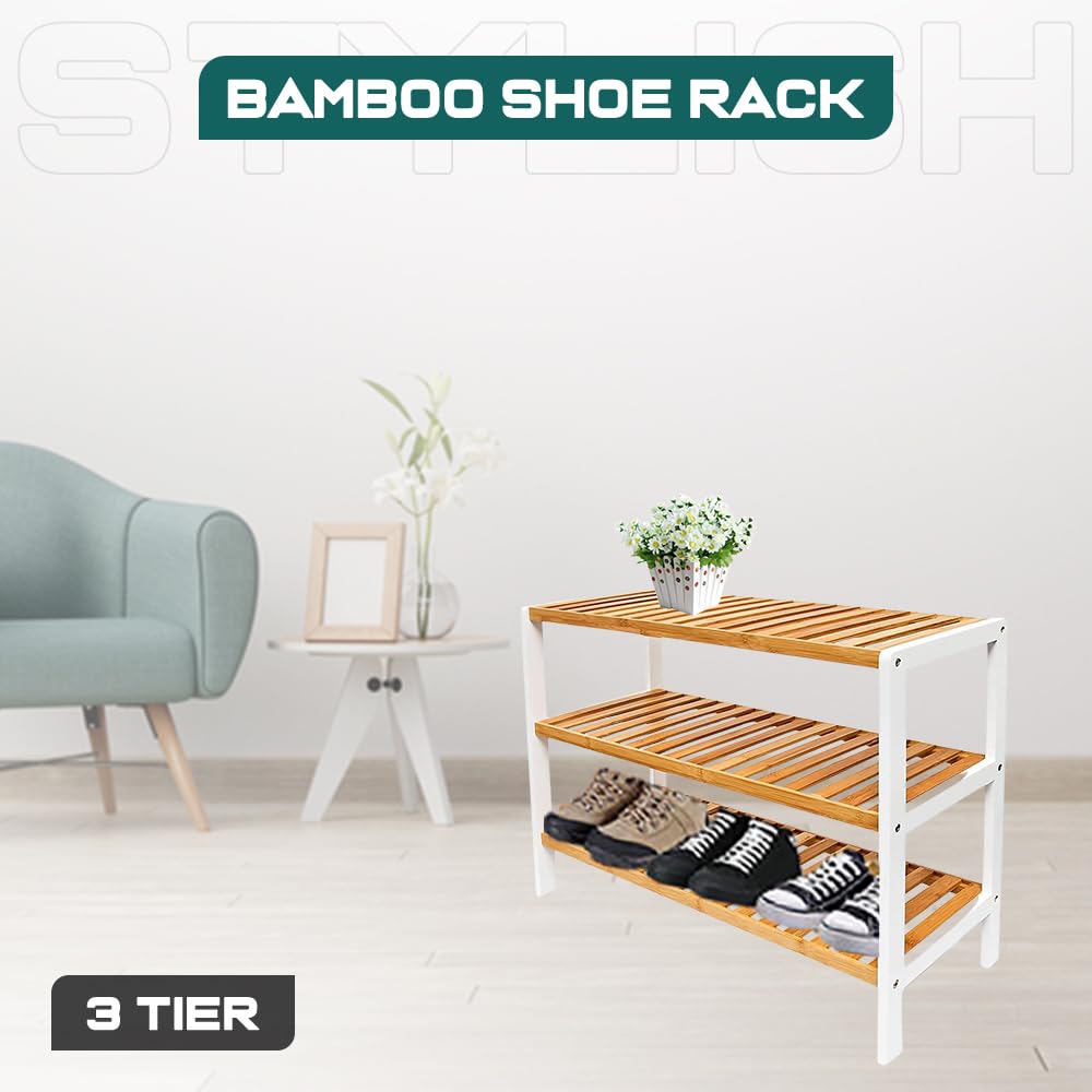 1ABOVE Bamboo Shoe Rack - 3 Tier Storage | White & Natural Wood | Portable | 70x55x25cm 6