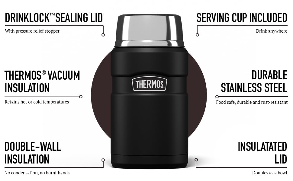 Thermos Stainless King Food Flask - 710ml Capacity | Hot 14 Hrs, Cold 24 Hrs | Matt Black