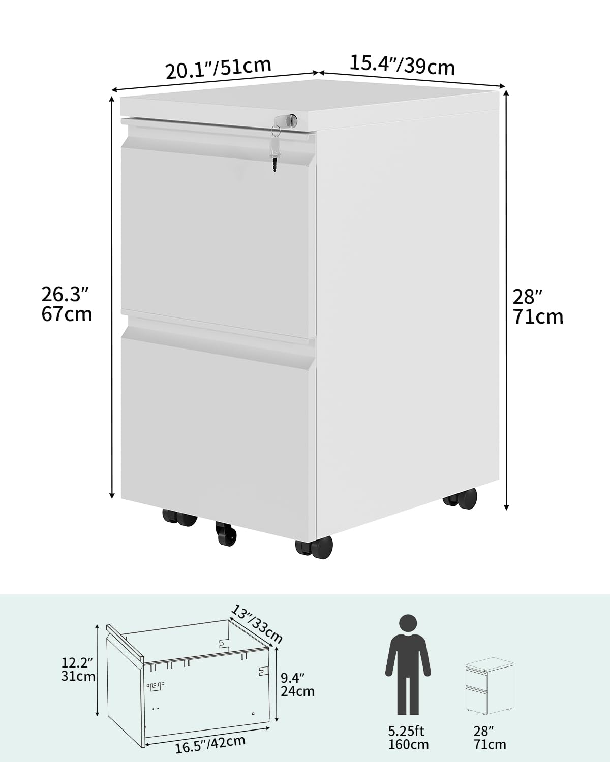 YITAHOME Mobile Filing Cabinet - 2 Lockable Drawers | Steel Construction | White | 51x39x71cm 3