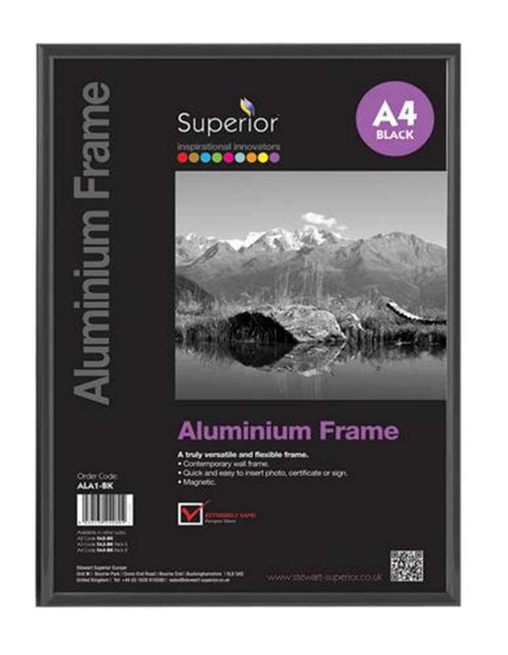 SECO Stewart Superior A4 Brushed Aluminium Picture Frame - Black | Perspex Safety Glass | Landscape/Portrait 1