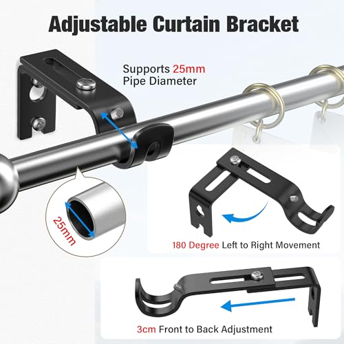 Vonsera 4Pcs Adjustable Heavy Duty Curtain Rod Brackets - Black Stainless Steel | Fits up to 25mm Rods 3