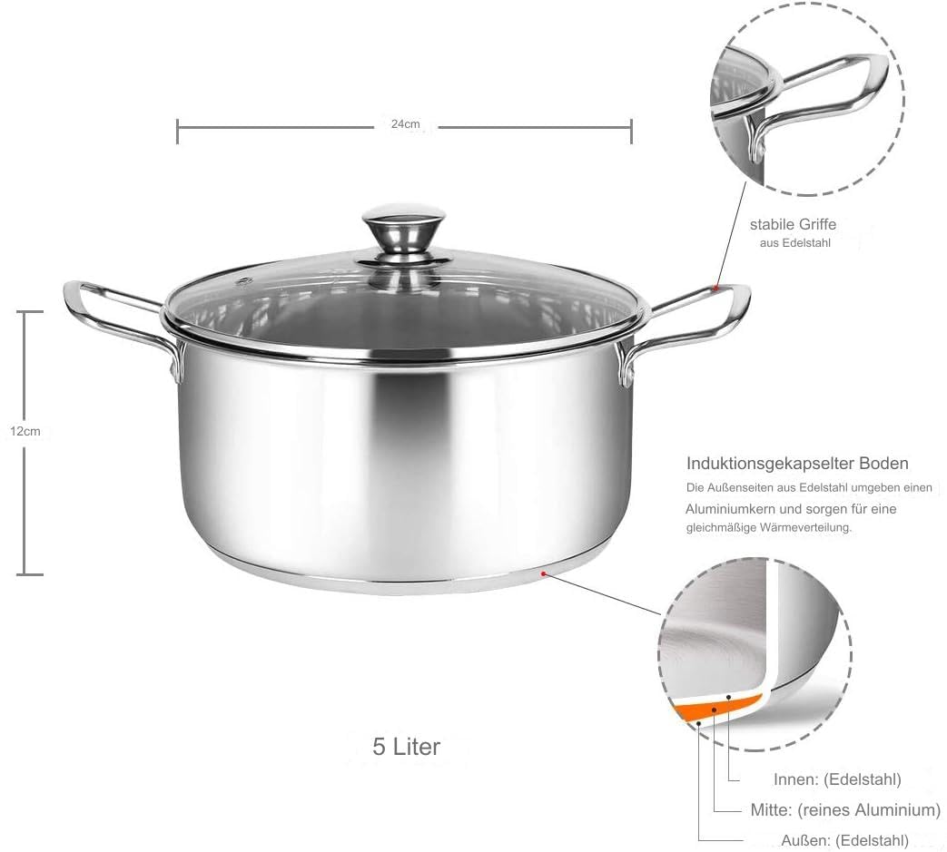 Penguin Home Stainless Steel Stock Pot - 24cm, 5 Litre Capacity | Induction Compatible 3