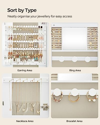 SONGMICS LED Mirror Jewellery Cabinet - Wall/Door Mounted | Lockable | White + Greige 10