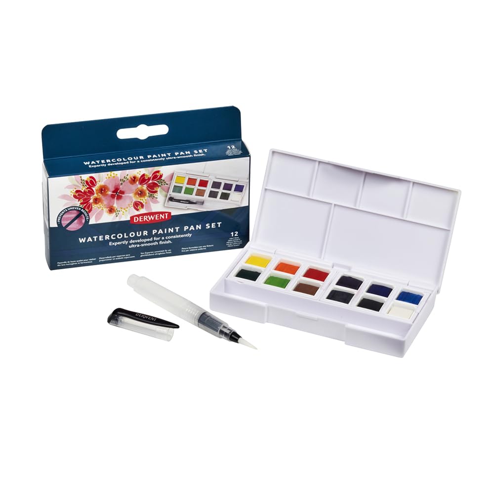 Derwent Watercolour Paint Pan Set - 12 Half Pans | Ultra-Smooth Finish | Includes Waterbrush 1