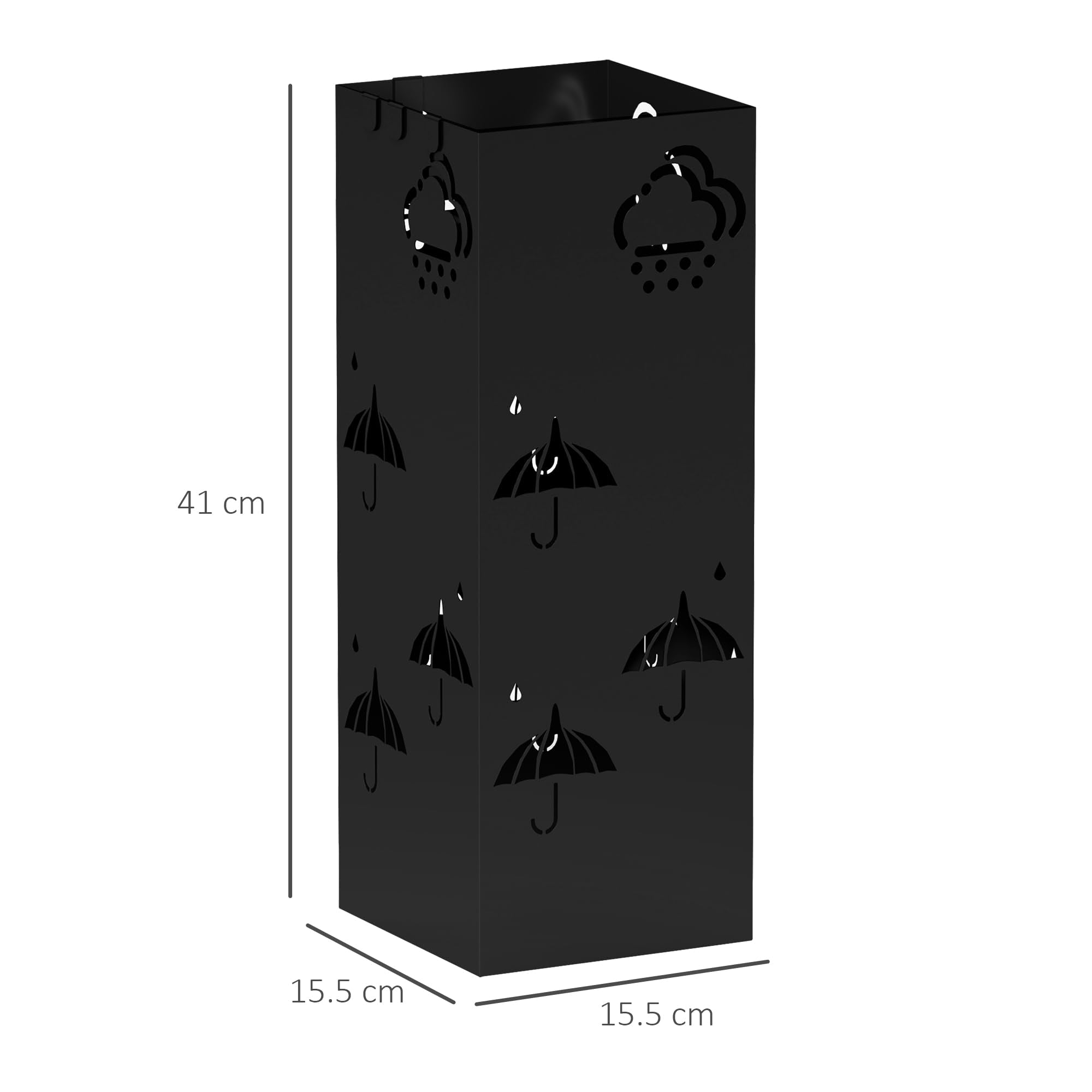 HOMCOM Metal Umbrella Stand with Drip Tray and 4 Hooks | Black | 15.5 x 15.5 x 41 cm 7