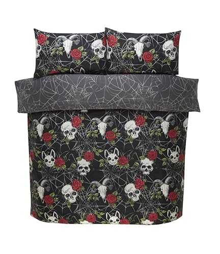 Rapport Home Skulls & Roses Double Duvet Cover Set | Reversible Gothic Print | Polyester 3