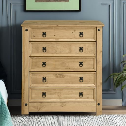 Mews Corona 5 Drawer Chest of Drawers - Solid Pine, Waxed Finish | 80cm H x 89cm W 6