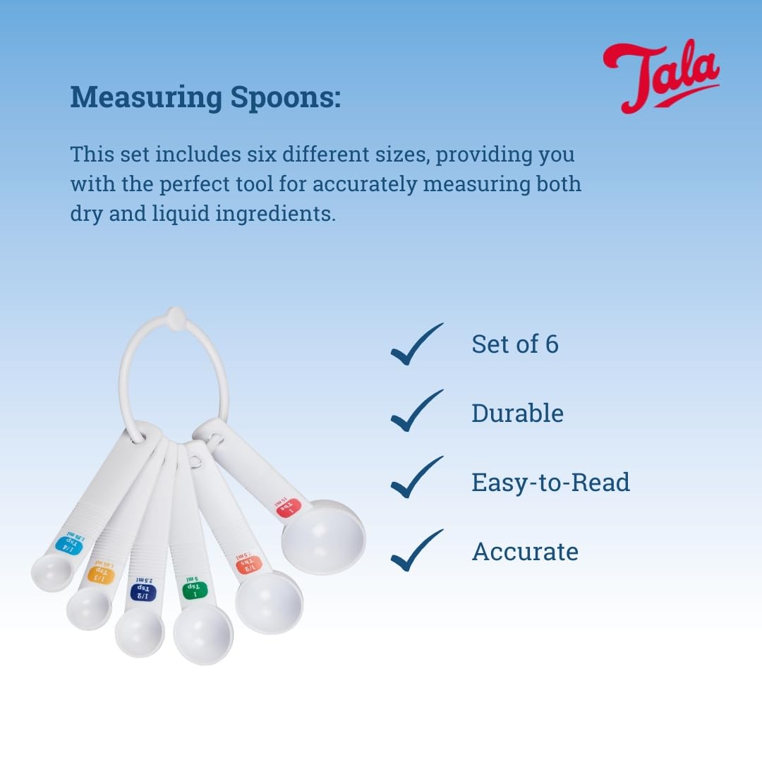 Tala Plastic Measuring Spoons Set of 6 | 1/4 tsp (1.25ml) to 1 tbs (15ml) | Dishwasher Safe
