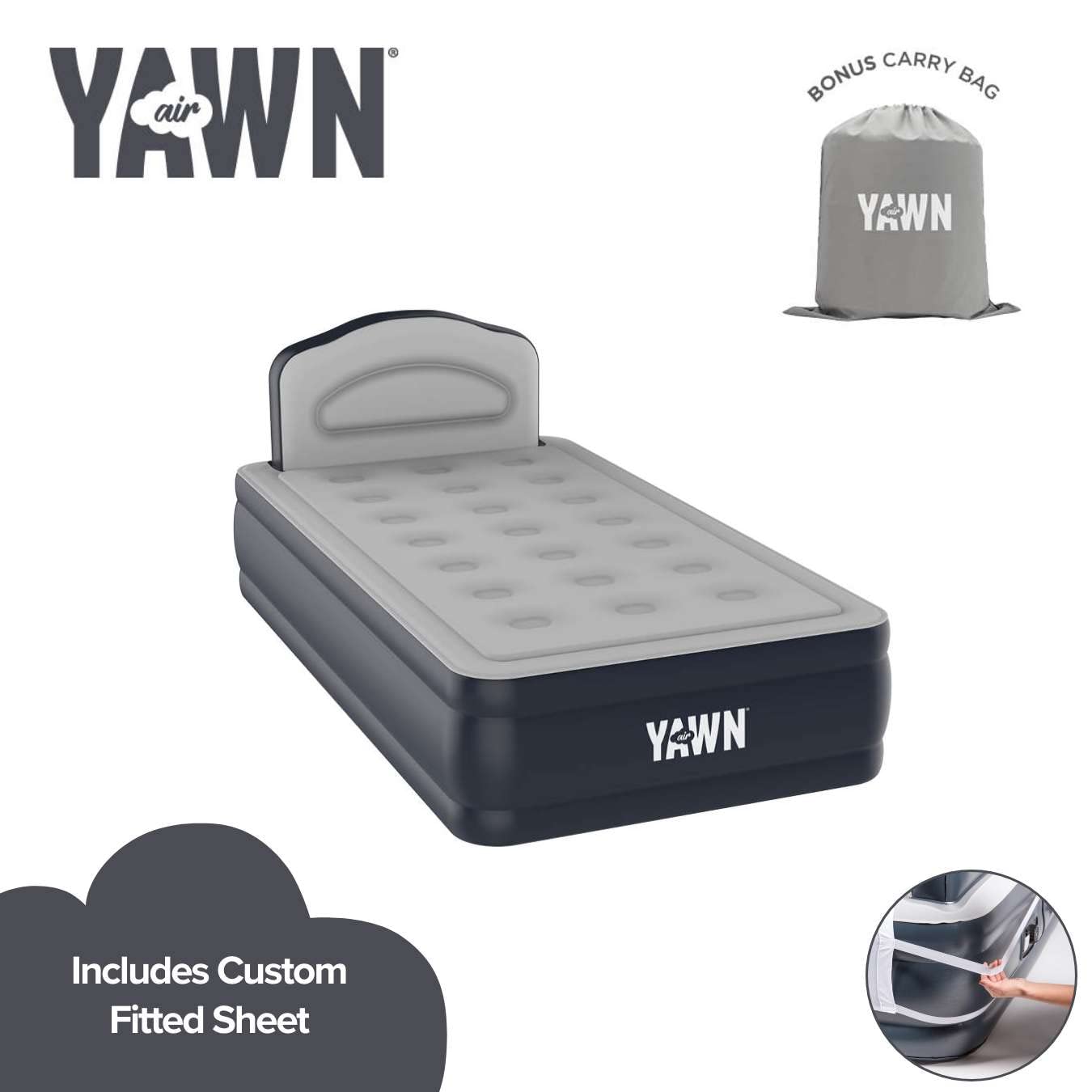 YAWN AIR Deluxe Self-Inflating Airbed - Single Size | Built-in Pump & Headboard | Includes Fitted Sheet 3
