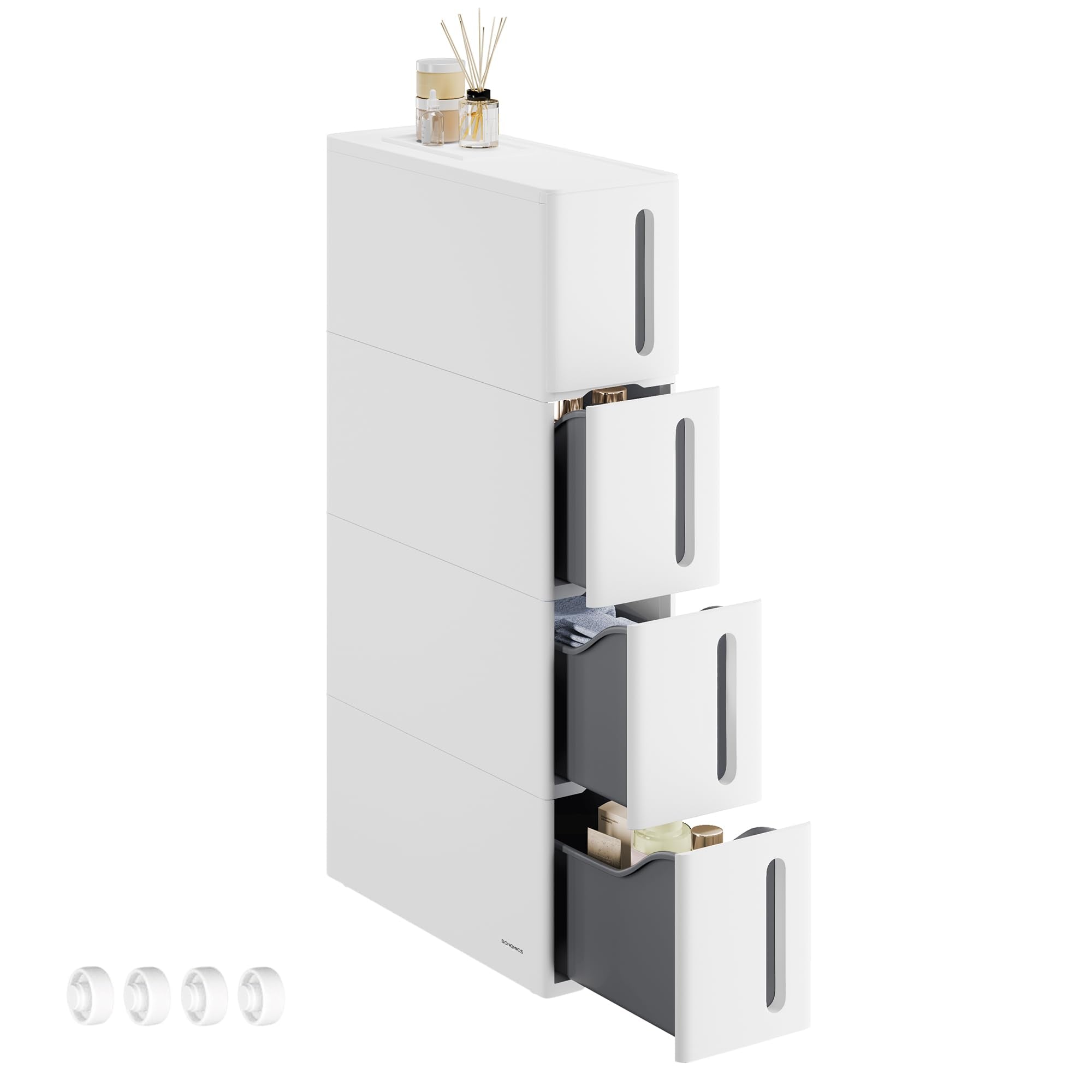 SONGMICS Narrow Kitchen Storage Cart - 4 Tier Plastic Drawers | Mobile | White + Grey 1
