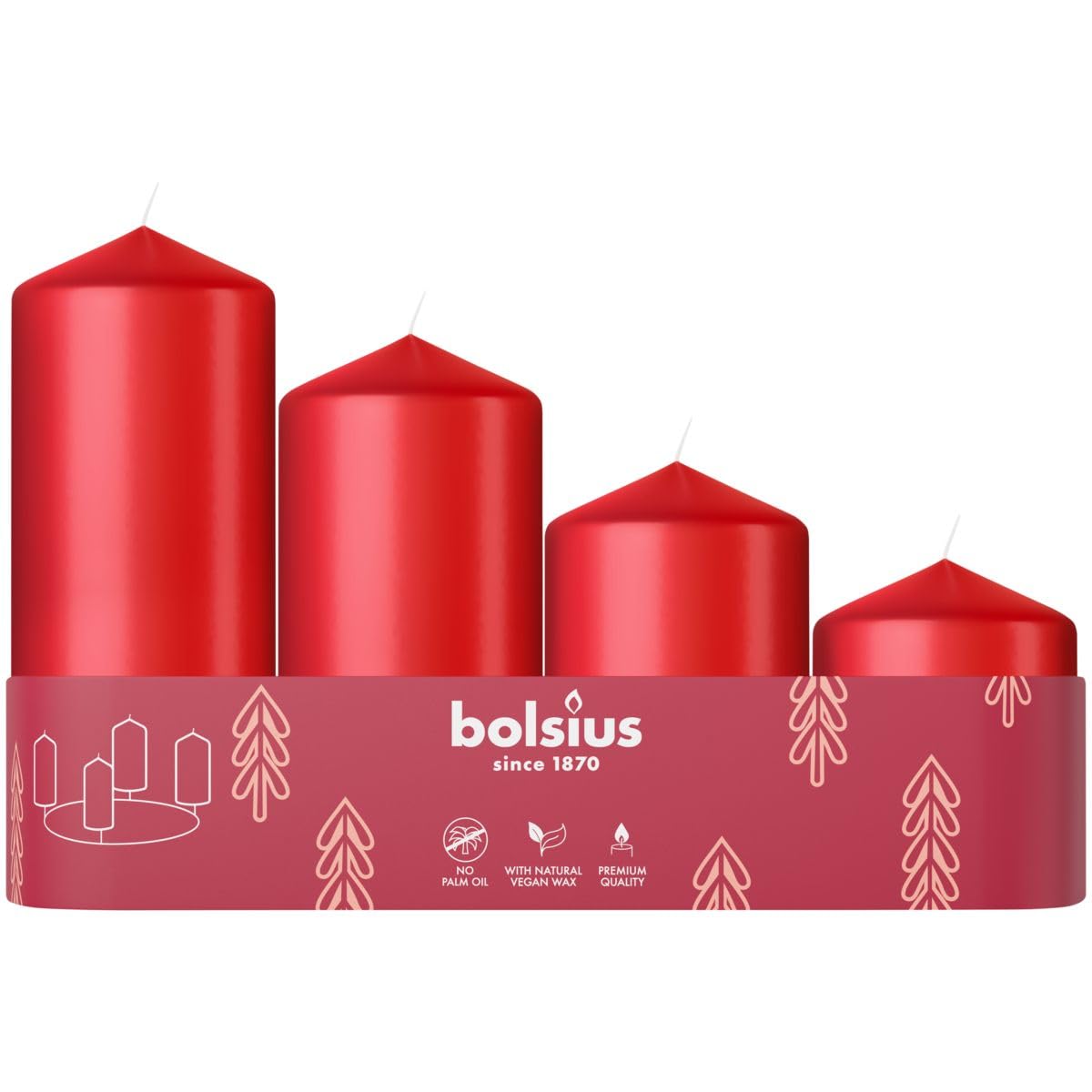 BOLSIUS Smooth Pillar Candles - Set of 4 Advent Candles | Red | Unscented | Natural Vegan Wax