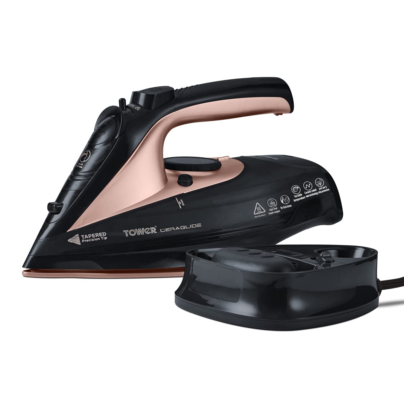 Tower T22008RG CeraGlide Cordless Steam Iron | 2400W Power | Ceramic Soleplate | Cord/Cordless 1