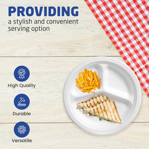1ABOVE 10 Inch 3 Compartment Disposable Bagasse Plates - 50 Pack | Compostable & Durable 3