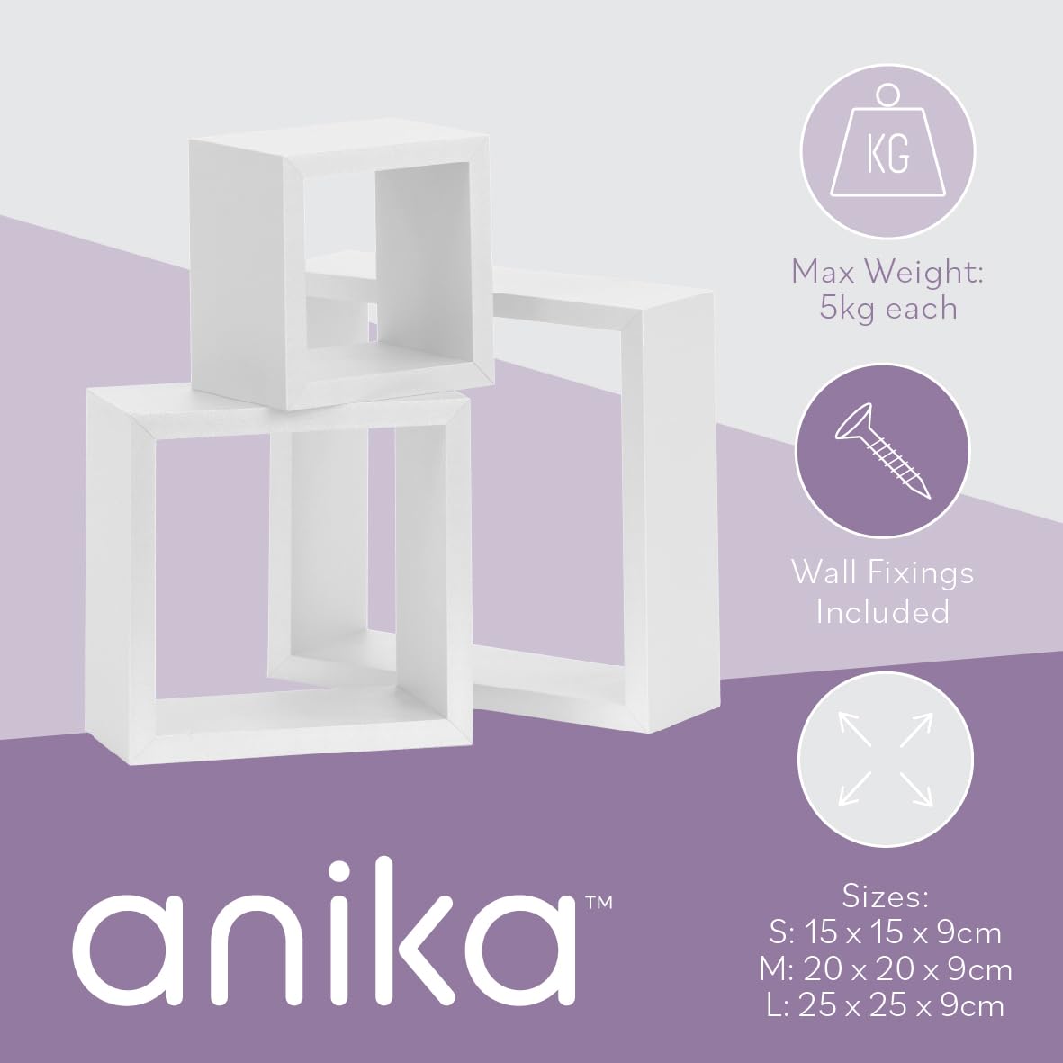 Anika Cube Shaped Floating Shelves - Set of 3 | White Engineered Wood | Max 3kg Load 6