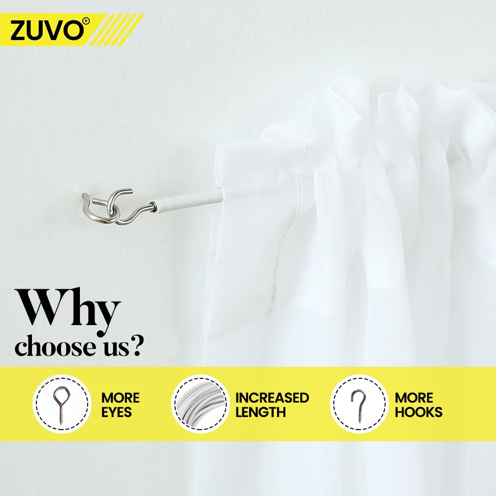 Zuvo Extra Strong Net Curtain Wire - 4m Length | White PVC | Includes 6 Hooks & Eyes 5