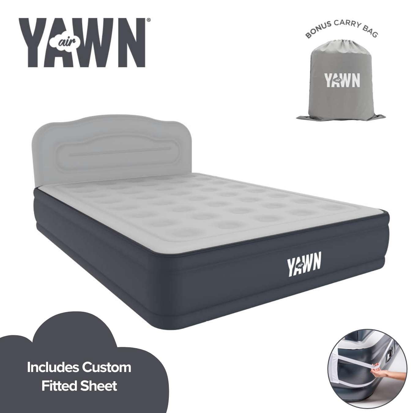 YAWN AIR Deluxe Self-Inflating Airbed - King Size | Built-in Pump & Headboard | Includes Fitted Sheet 3