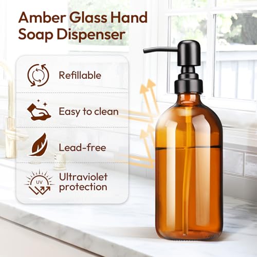 Euqvunn 500ml Amber Glass Soap Dispenser - 2 Pack Refillable Pump Bottles with Stainless Steel Pump 4