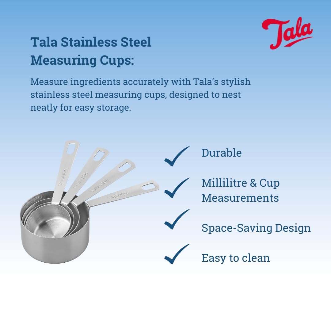 Tala Stainless Steel Measuring Cups Set of 4 | Millilitre & Cup Measurements | Metallic Silver 2