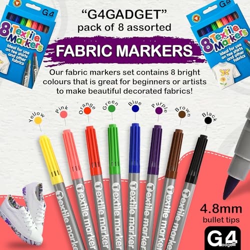 G4GADGET Pack of 8 Colored Fabric Markers | 4.8mm Bullet Tips | Permanent When Fixed