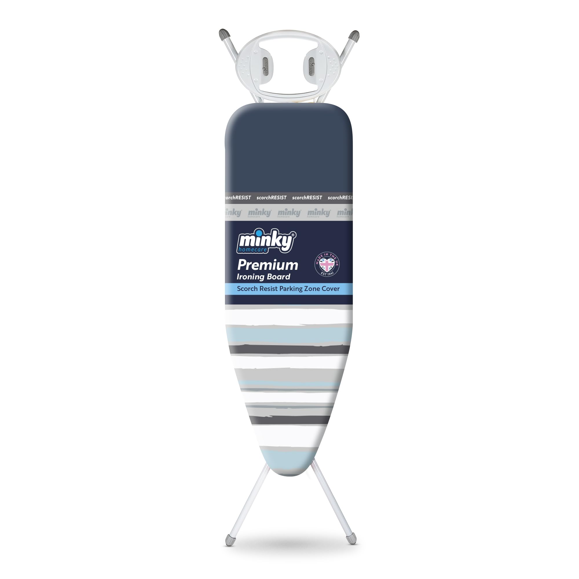 Minky Large Premium Ironing Board - 122 x 38cm Surface | Multi-Height up to 96cm | UK Made