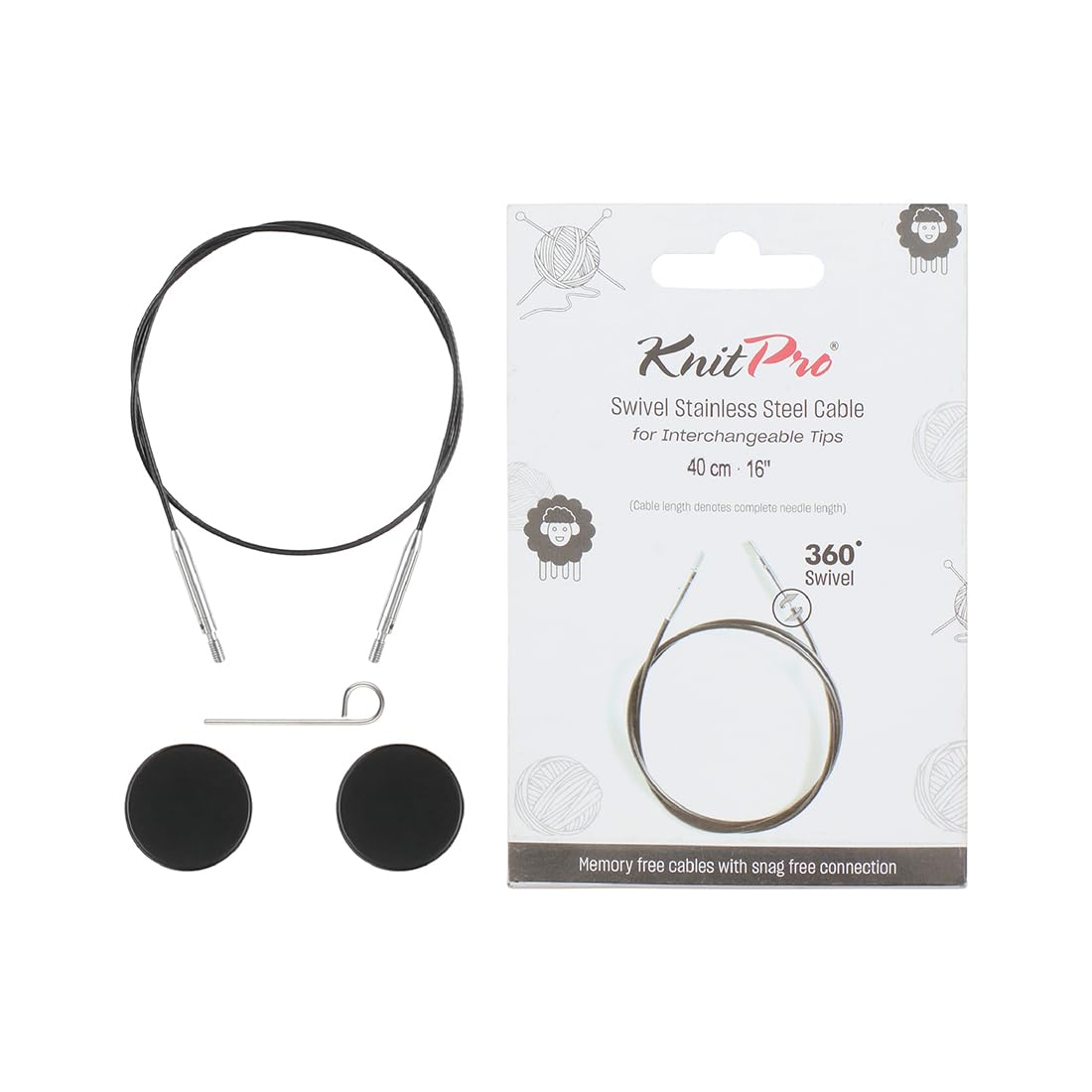 KnitPro The Mindful Collection Stainless Steel Swivel Cable, 40cm, Black/Silver | Memory-Free Core 1