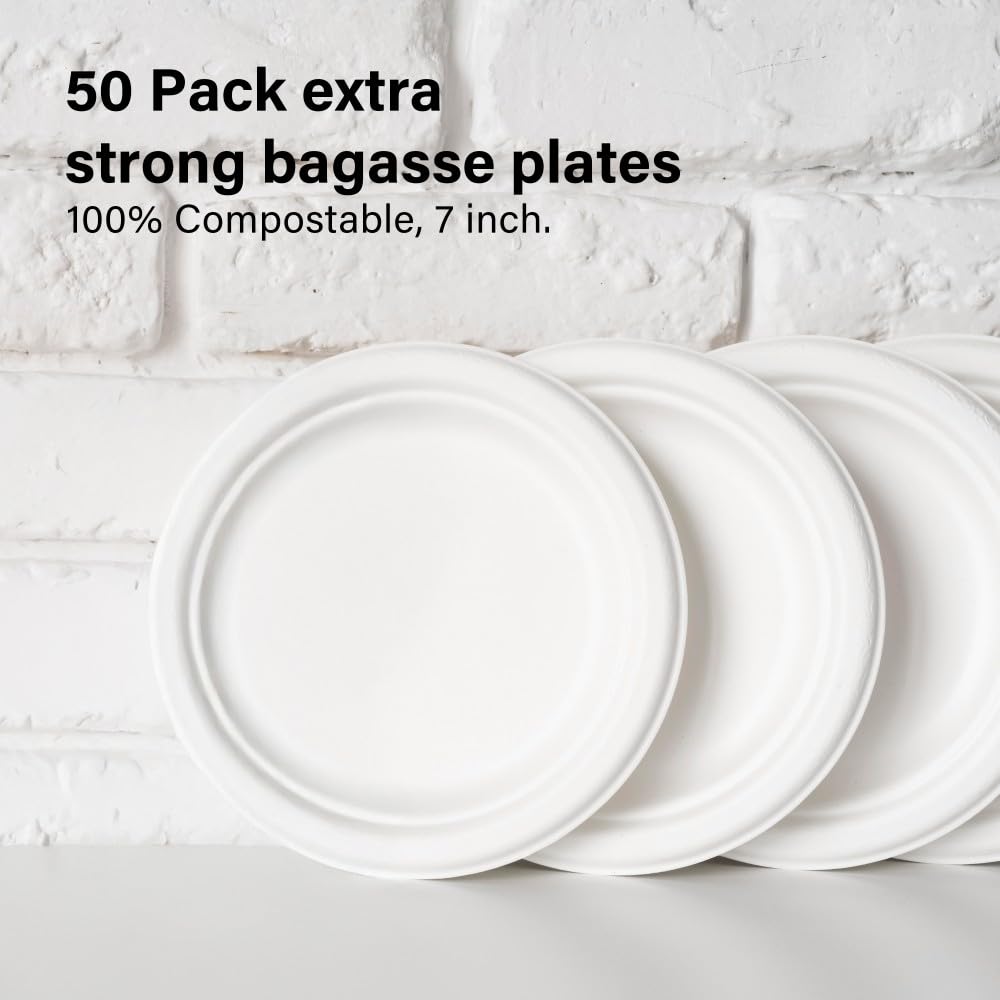 Vivo Technologies 50 Pack 7 Inch Bagasse Plates - Extra Strong, Compostable, Oil & Cut Resistant