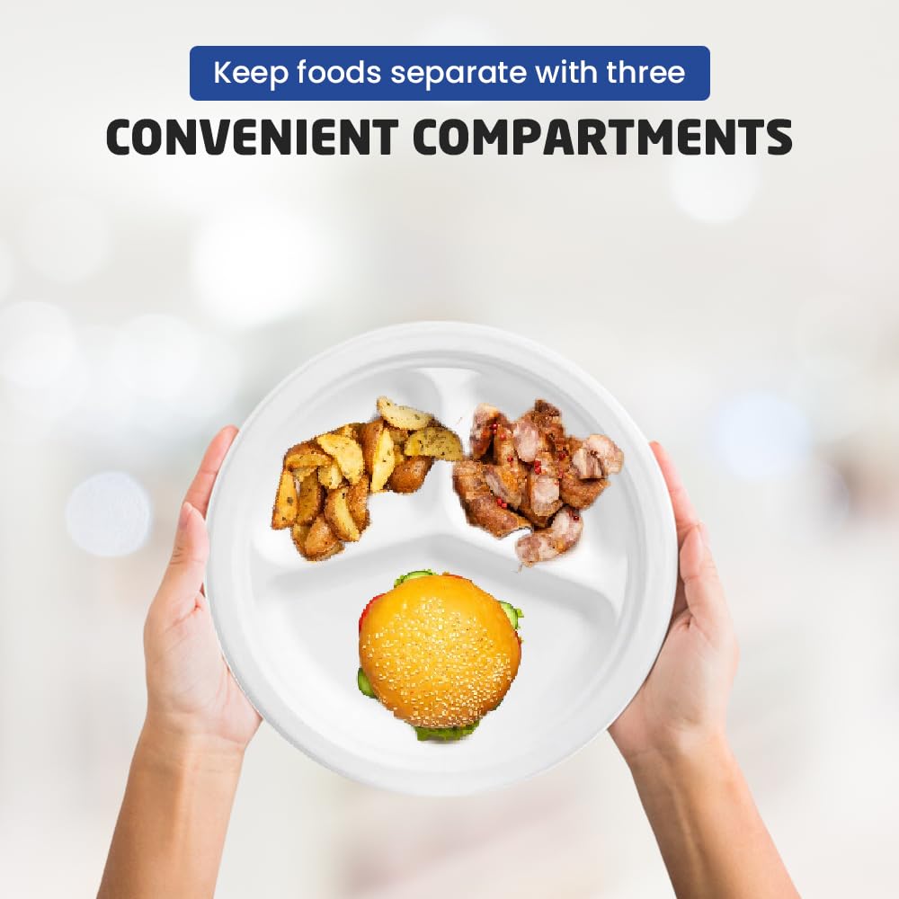 1ABOVE 10 Inch 3 Compartment Disposable Bagasse Plates - 50 Pack | Compostable & Durable 5