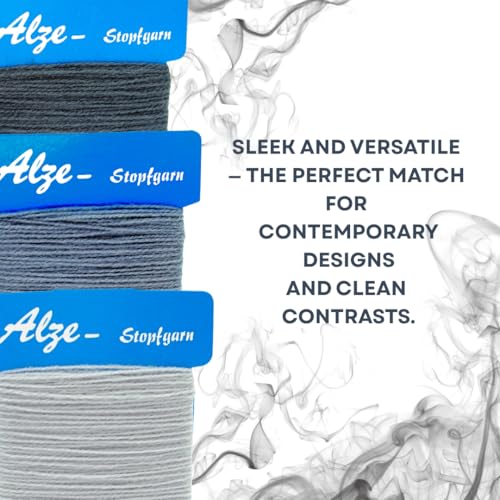 Trimz Darning Wool Bundle Monochrome - 3 x 20m Polyester Yarn for Mending | Light/Mid/Dark Grey 3