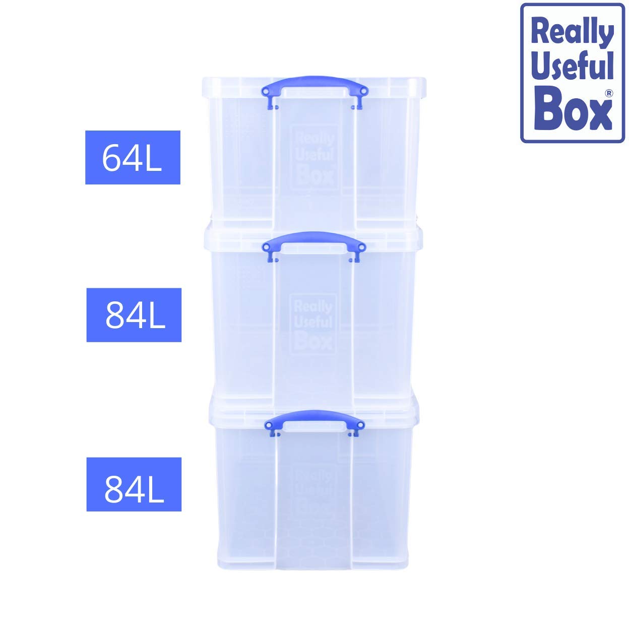 Really Useful Box Storage Box - Bonus Pack of 3 (2 x 84L + 1 x 64L) | Clear Polypropylene | Lockable 3