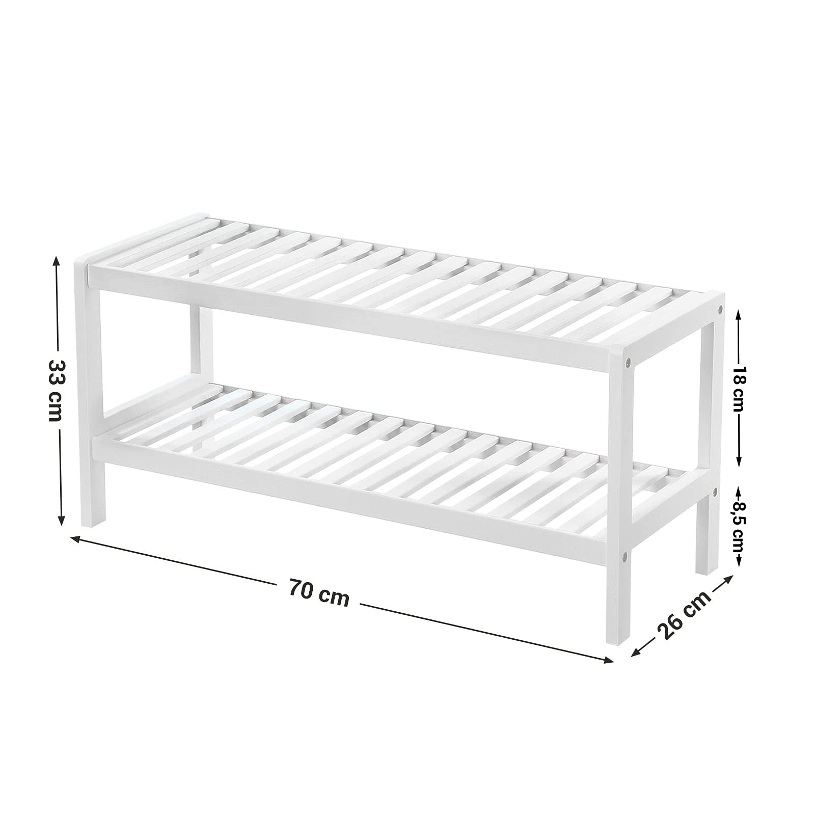 SONGMICS 2 Tier Bamboo Shoe Rack Bench - White Finish | 70 x 26 x 33 cm | 10kg Capacity per Shelf 3