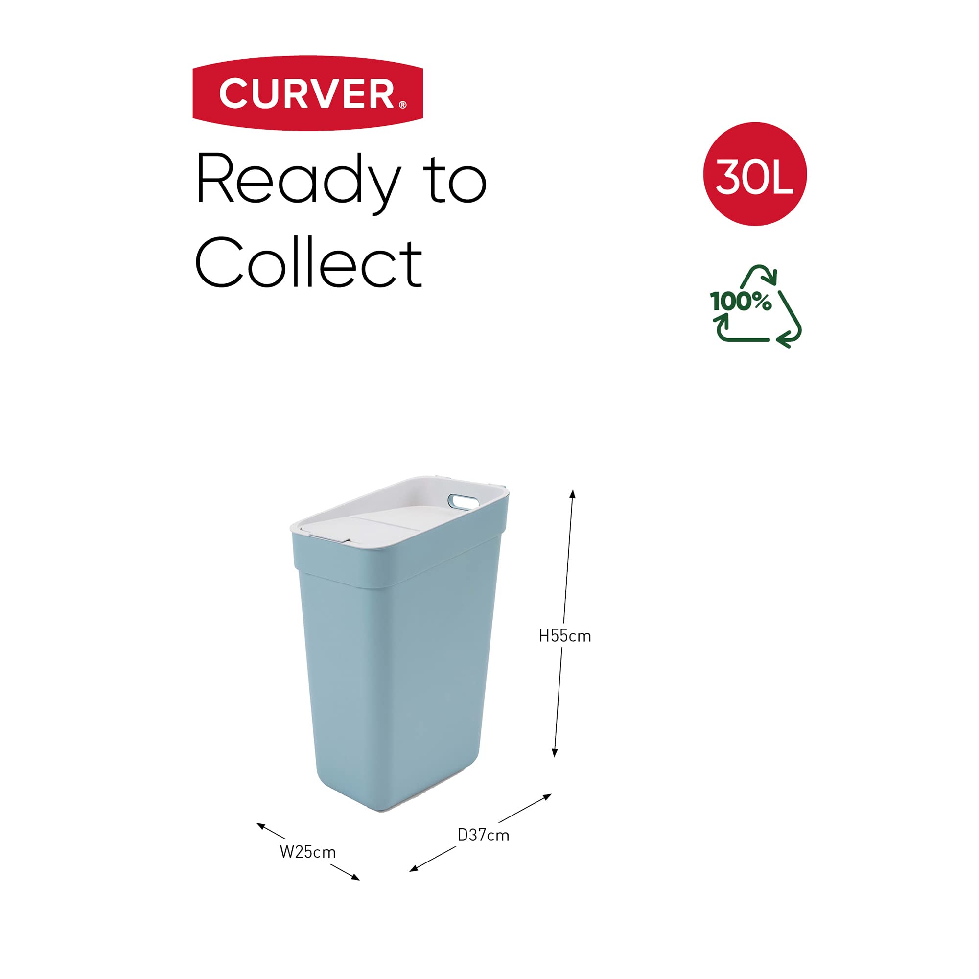 CURVER Ready to Collect 30L Kitchen Recycling Bin - Smoked Grey | Modular & Stackable 8