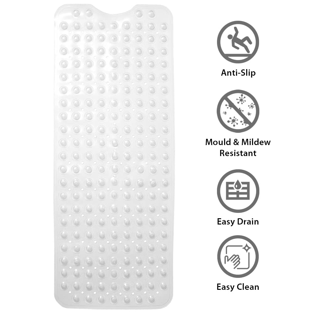 ANSIO Long PVC Non-Slip Shower Mat with Drain Holes | Anti Mould | Clear | 102 x 40cm