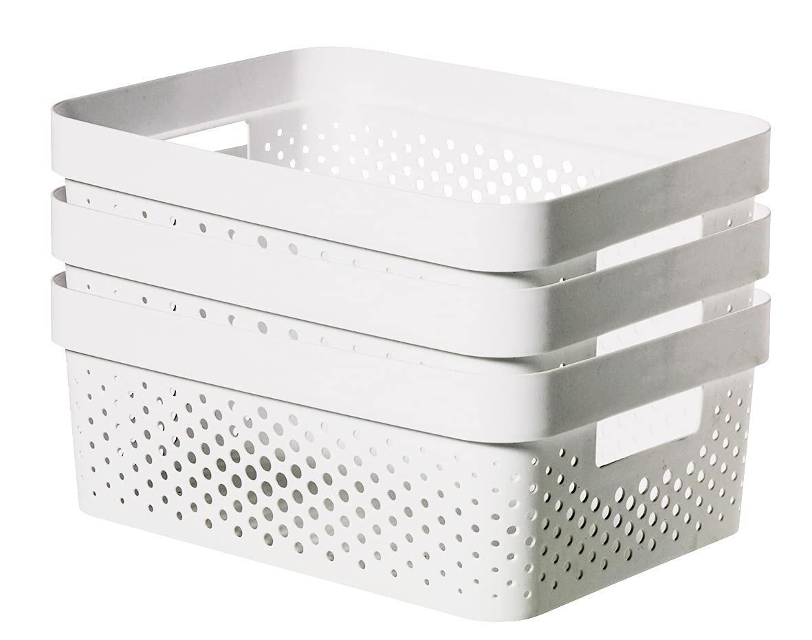CURVER Infinity Dots Set of 3 Medium Storage Baskets - 11L Capacity | 100% Recycled Plastic | White