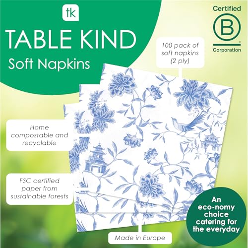 Talking Tables Table Kind 100 x Soft Blue Paper Napkins | 2ply 33cm | Chinoiserie Floral Serviettes 2