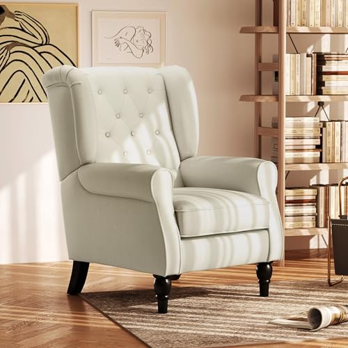 HOMCOM Retro Wingback Armchair - Snow Flannel, Button Tufted, Cream White | Supports 160kg 2
