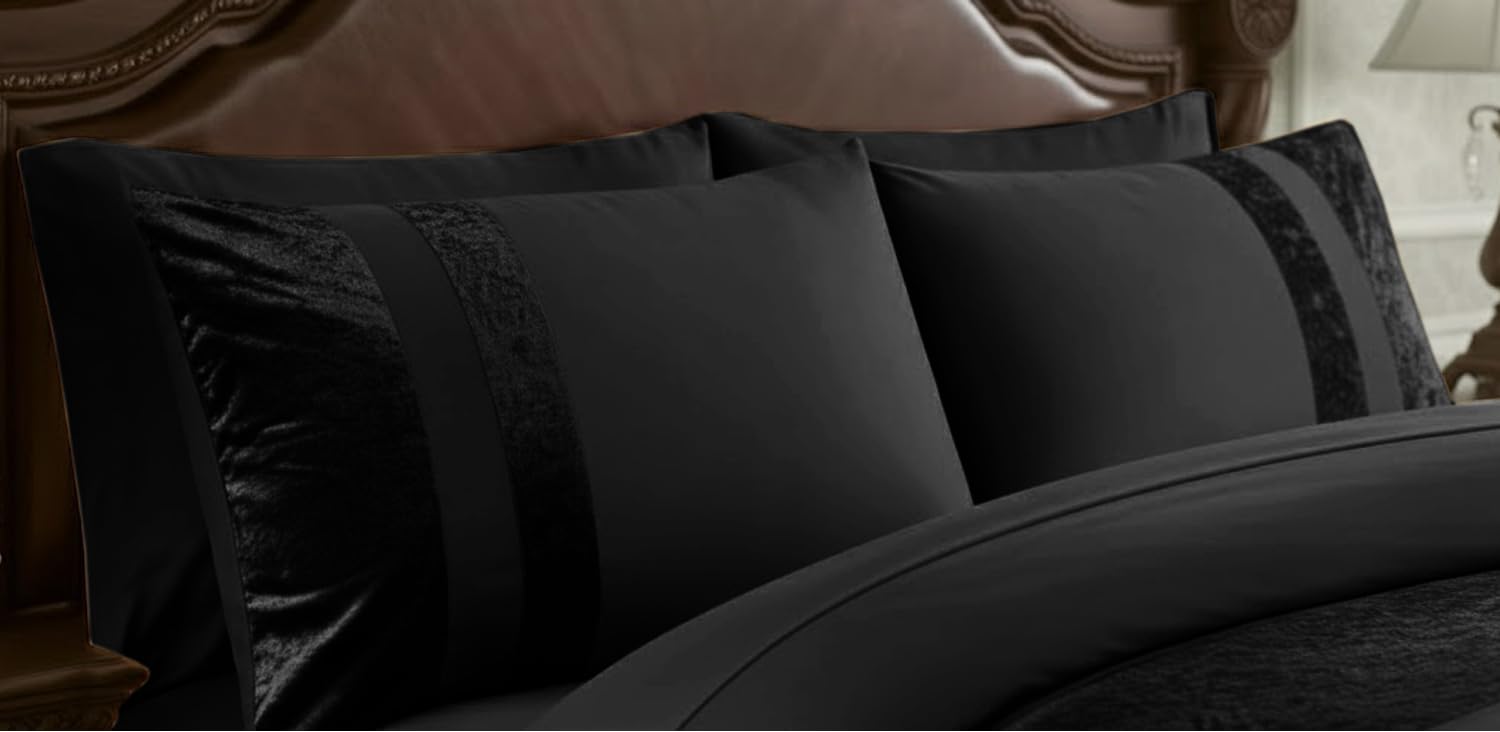 Casabella Luxury Crushed Velvet Panel Band Duvet Cover Set - King Size, Black | 3 Pieces 3