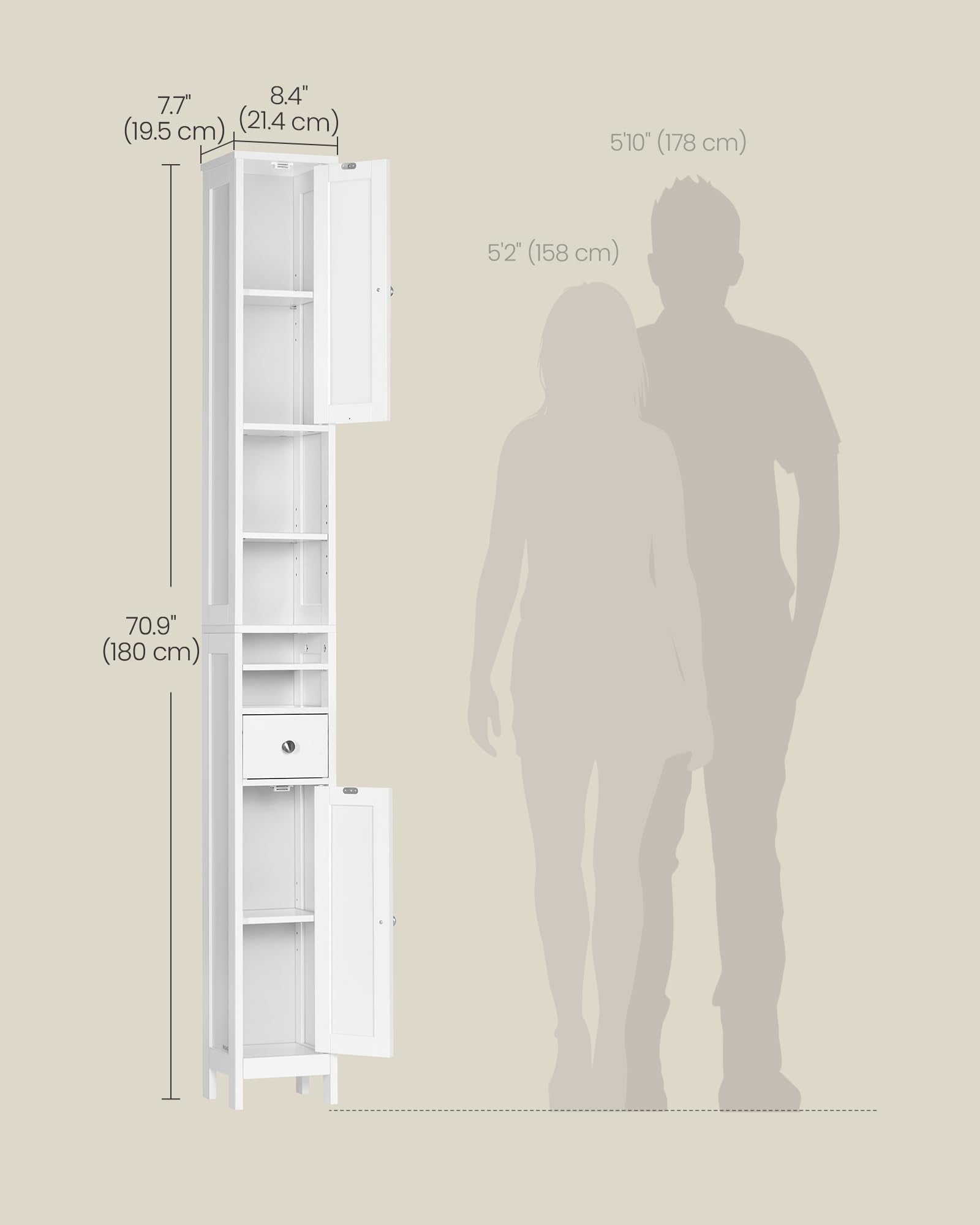 VASAGLE Tall Bathroom Cabinet - Slim Freestanding Storage | Cloud White | 180cm H 3