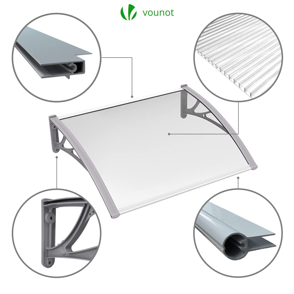 VOUNOT Outdoor Door Canopy Awning - 120x80 cm Grey Rain Shelter | Polycarbonate & Aluminum Frame 6